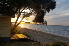 Sunset over the bay beach and yacht club